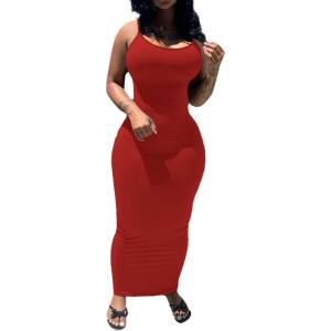 imagePINSV Womens Bodycon Long Slip Dress Spaghetti Strap Summer Maxi Dress Modern Casual SundressRed