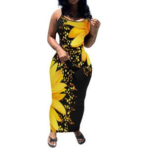 imagePINSV Womens Bodycon Long Slip Dress Spaghetti Strap Summer Maxi Dress Modern Casual SundressSunflower Print