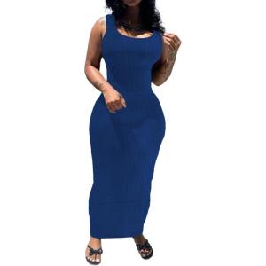 imagePINSV Womens Scoop Neck Bodycon Maxi Dress Stretchy Sleeveless Summer Tank Dress Sexy Party Club Beach SundressBlue