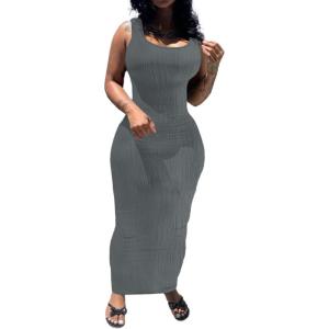imagePINSV Womens Scoop Neck Bodycon Maxi Dress Stretchy Sleeveless Summer Tank Dress Sexy Party Club Beach SundressGray
