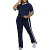 imagePINSV Womens 2 Piece Outfits Sets Casual Short Sleeve Top and Flare Pants Lounge Sets TracksuitDark Blue