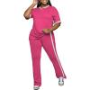 imagePINSV Womens 2 Piece Outfits Sets Casual Short Sleeve Top and Flare Pants Lounge Sets TracksuitRose Red