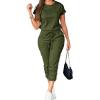 imagePINSV Womens 2 Piece Outfits Tracksuit Sets Short Sleeve Tops Jogger Pants with Pockets Green S