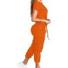 imagePINSV Womens 2 Piece Outfits Tracksuit Sets Short Sleeve Tops Jogger Pants with Pockets Orange 2XL