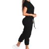 imagePINSV Womens 2 Piece Outfits Tracksuit Sets Short Sleeve Tops Jogger Pants with PocketsBlack