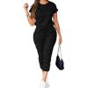 imagePINSV Womens 2 Piece Outfits Tracksuit Sets Short Sleeve Tops Jogger Pants with PocketsBlack