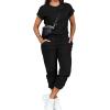 imagePINSV Womens 2 Piece Outfits Tracksuit Sets Short Sleeve Tops Jogger Pants with PocketsBlack