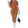 imagePINSV Womens 2 Piece Outfits Tracksuit Sets Short Sleeve Tops Jogger Pants with PocketsBrown