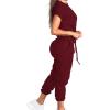 imagePINSV Womens 2 Piece Outfits Tracksuit Sets Short Sleeve Tops Jogger Pants with PocketsBurgundy