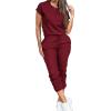 imagePINSV Womens 2 Piece Outfits Tracksuit Sets Short Sleeve Tops Jogger Pants with PocketsBurgundy