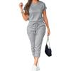 imagePINSV Womens 2 Piece Outfits Tracksuit Sets Short Sleeve Tops Jogger Pants with PocketsGrey