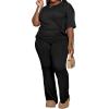 imagePINSV Womens Plus Size Sets 2 Piece Outfits Casual Short Sleeve Top and Flare Pants TracksuitBlack