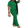 imagePINSV Womens Plus Size Sets 2 Piece Outfits Casual Short Sleeve Top and Flare Pants TracksuitGreen