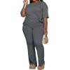imagePINSV Womens Plus Size Sets 2 Piece Outfits Casual Short Sleeve Top and Flare Pants TracksuitGrey