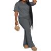 imagePINSV Womens Plus Size Sets 2 Piece Outfits Casual Short Sleeve Top and Flare Pants TracksuitGrey