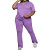 imagePINSV Womens Plus Size Sets 2 Piece Outfits Casual Short Sleeve Top and Flare Pants TracksuitPurple