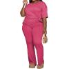 imagePINSV Womens Plus Size Sets 2 Piece Outfits Casual Short Sleeve Top and Flare Pants TracksuitRose Red