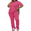 imagePINSV Womens Plus Size Sets 2 Piece Outfits Casual Short Sleeve Top and Flare Pants TracksuitRose Red