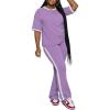 imagePINSV Womens 2 Piece Outfits Sets Casual Short Sleeve Top and Flare Pants Lounge Sets TracksuitPurple