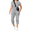 imagePINSV Womens 2 Piece Outfits Tracksuit Sets Short Sleeve Tops Jogger Pants with Pockets Gray 2XL