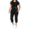 imagePINSV Womens 2 Piece Outfits Tracksuit Sets Short Sleeve Tops Jogger Pants with PocketsBlack