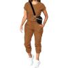 imagePINSV Womens 2 Piece Outfits Tracksuit Sets Short Sleeve Tops Jogger Pants with PocketsBrown
