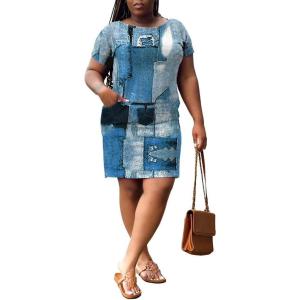 imagePINSV Women Plus Size Summer T Shirt Dresses Short Sleeve Casual Tunic Dress with PocketsDenim Print