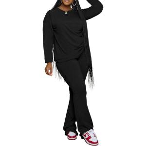 imagePINSV Womens 2 Piece Outfits Casual Sets Long Sleeve Top and Flare Pants Lounge Sets Tracksuit Black XXL