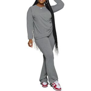 imagePINSV Womens 2 Piece Outfits Casual Sets Long Sleeve Top and Flare Pants Lounge Sets Tracksuit Grey XXL