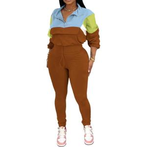 imagePINSV Womens 2 Piece Outfits Lapel Half Zip Long Sleeve Sweatshirts Sweatpants Tracksuit Casual SweatsuitsBlue Brown