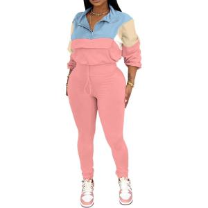 imagePINSV Womens 2 Piece Outfits Lapel Half Zip Long Sleeve Sweatshirts Sweatpants Tracksuit Casual SweatsuitsBlue Pink