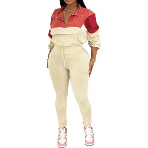 imagePINSV Womens 2 Piece Outfits Lapel Half Zip Long Sleeve Sweatshirts Sweatpants Tracksuit Casual SweatsuitsRed Apricot