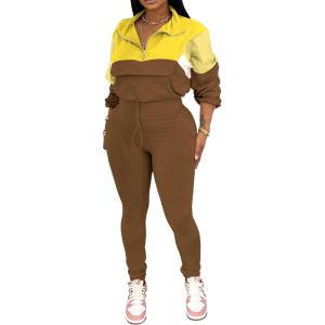 imagePINSV Womens 2 Piece Outfits Lapel Half Zip Long Sleeve Sweatshirts Sweatpants Tracksuit Casual SweatsuitsYellow Brown