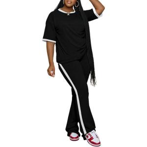 imagePINSV Womens 2 Piece Outfits Sets Casual Short Sleeve Top and Flare Pants Lounge Sets TracksuitBlack