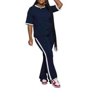 imagePINSV Womens 2 Piece Outfits Sets Casual Short Sleeve Top and Flare Pants Lounge Sets TracksuitDark Blue