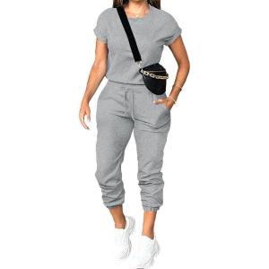 imagePINSV Womens 2 Piece Outfits Tracksuit Sets Short Sleeve Tops Jogger Pants with Pockets Gray 2XL