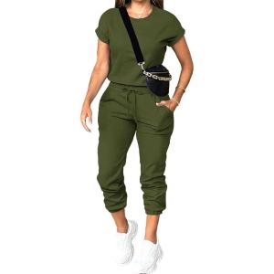 imagePINSV Womens 2 Piece Outfits Tracksuit Sets Short Sleeve Tops Jogger Pants with Pockets Green S