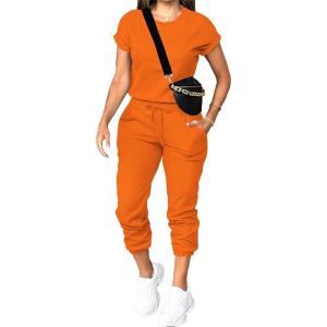 imagePINSV Womens 2 Piece Outfits Tracksuit Sets Short Sleeve Tops Jogger Pants with Pockets Orange 2XL