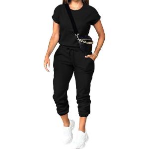 imagePINSV Womens 2 Piece Outfits Tracksuit Sets Short Sleeve Tops Jogger Pants with PocketsBlack