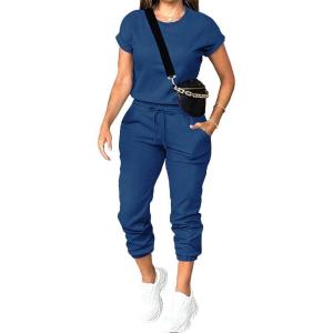 imagePINSV Womens 2 Piece Outfits Tracksuit Sets Short Sleeve Tops Jogger Pants with PocketsBlue
