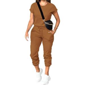 imagePINSV Womens 2 Piece Outfits Tracksuit Sets Short Sleeve Tops Jogger Pants with PocketsBrown