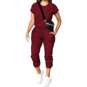 imagePINSV Womens 2 Piece Outfits Tracksuit Sets Short Sleeve Tops Jogger Pants with PocketsBurgundy