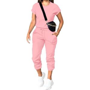 imagePINSV Womens 2 Piece Outfits Tracksuit Sets Short Sleeve Tops Jogger Pants with PocketsPink