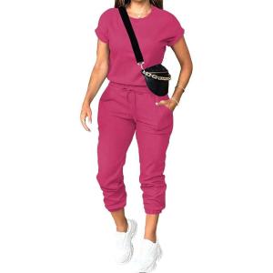 imagePINSV Womens 2 Piece Outfits Tracksuit Sets Short Sleeve Tops Jogger Pants with PocketsRose Red