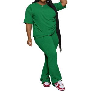 imagePINSV Womens Plus Size Sets 2 Piece Outfits Casual Short Sleeve Top and Flare Pants TracksuitGreen