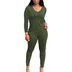 imagePINSV Womens Tracksuits 2 Piece Outfits Sweatsuits Long Sleeve Top Jogger Legging Pants SetsArmy Green
