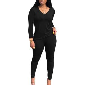 imagePINSV Womens Tracksuits 2 Piece Outfits Sweatsuits Long Sleeve Top Jogger Legging Pants SetsBlack