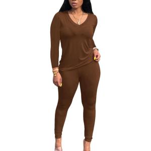 imagePINSV Womens Tracksuits 2 Piece Outfits Sweatsuits Long Sleeve Top Jogger Legging Pants SetsBrown
