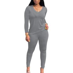 imagePINSV Womens Tracksuits 2 Piece Outfits Sweatsuits Long Sleeve Top Jogger Legging Pants SetsGrey