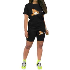imagePINSV Womens 2 Piece Outfits Summer Printing Bodycon Short Pants Workout Sets31zipper Cute Teddy Print